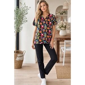 Scrub Wear Halloween Scrub Top Women's XL Black Cotton Spooky Trick Or Treat